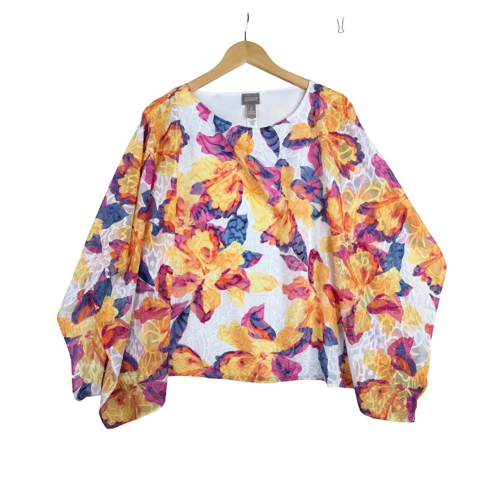 Chico's Vibrant Floral Print Batwing 2 Piece Blouse size 2 (US Large) White